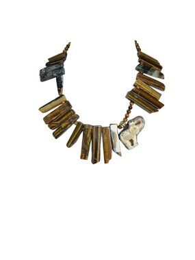 Vintage African Tigers Eye Stone Bib Necklace Bone Elephant Silver Inlay Pendant